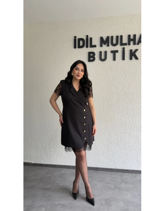 Siyah Dantel Detaylı Kruvaze Blazer Elbise