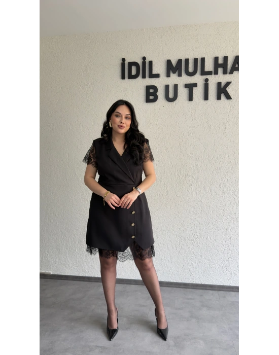 Siyah Dantel Detaylı Kruvaze Blazer Elbise