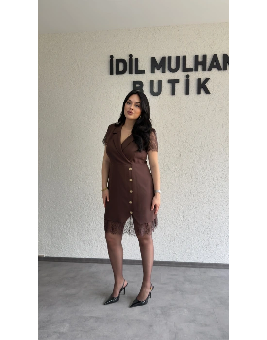 Kahverengi Dantel Detaylı Kruvaze Blazer Elbise
