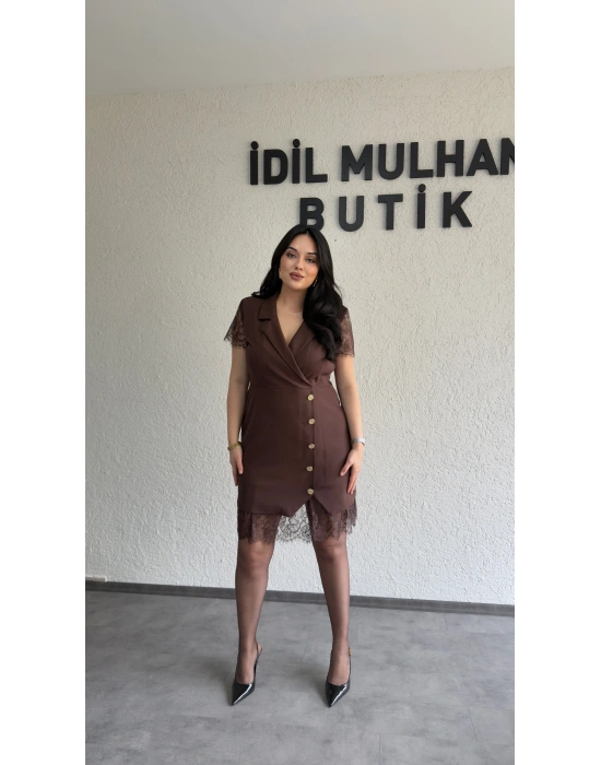 Kahverengi Dantel Detaylı Kruvaze Blazer Elbise