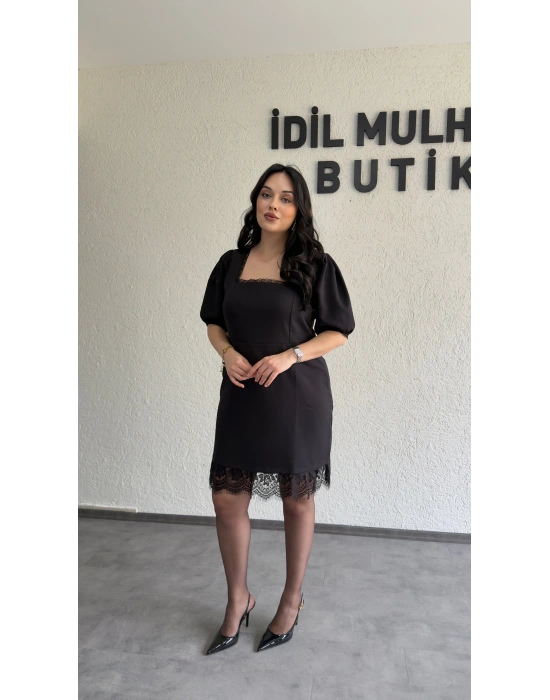Siyah Balon Kol Kare Yaka Dantel Detaylı Elbise