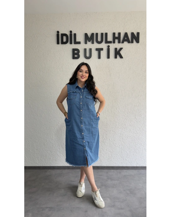 Düğme Ve Cep Detaylı Kolsuz Kot Elbise