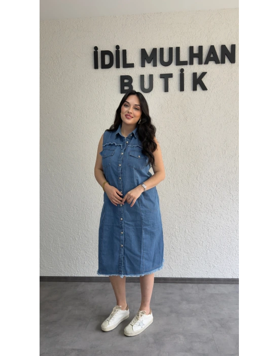 Düğme Ve Cep Detaylı Kolsuz Kot Elbise