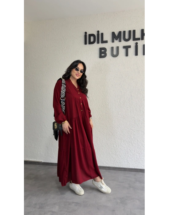 Bordo Düğmeli Maxi Fırfır Elbise