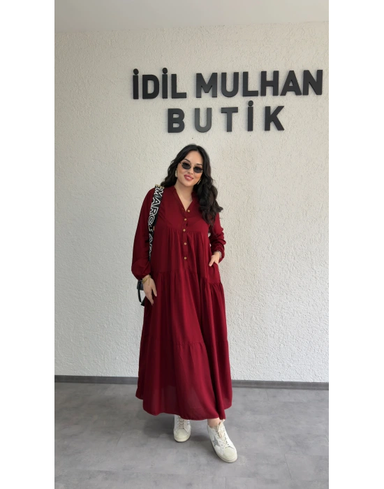 Bordo Düğmeli Maxi Fırfır Elbise