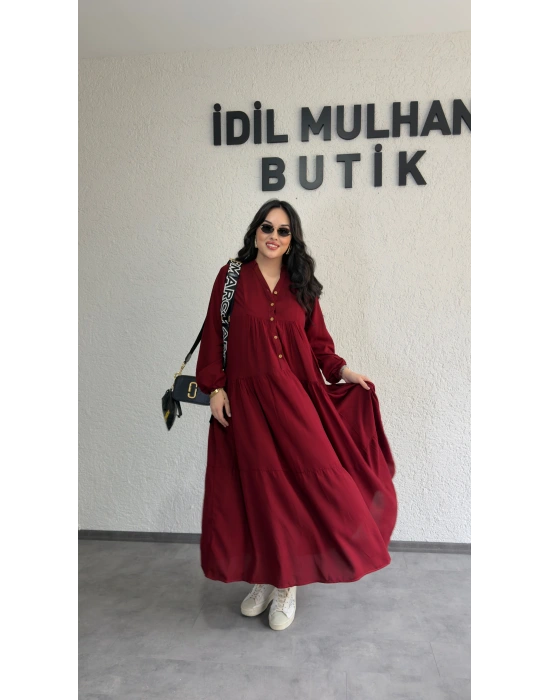Bordo Düğmeli Maxi Fırfır Elbise