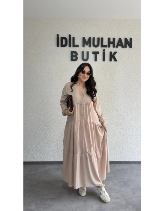 Krem Düğmeli Maxi Fırfır Elbise