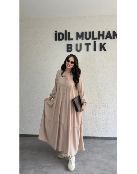Krem Düğmeli Maxi Fırfır Elbise