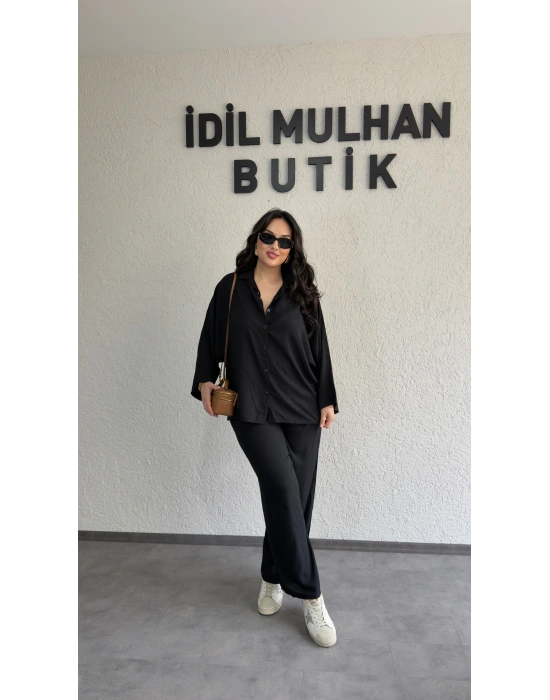 Siyah Kolları Manşet Detaylı Gömlek Takım