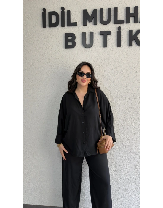 Siyah Kolları Manşet Detaylı Gömlek Takım
