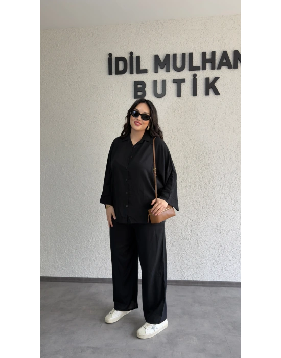 Siyah Kolları Manşet Detaylı Gömlek Takım