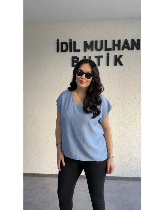 Bebe Mavi V Yaka Çilek Kumaş Bluz