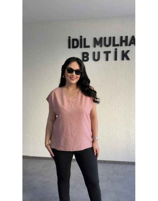 Pudra Pembe V Yaka Çilek Kumaş Bluz