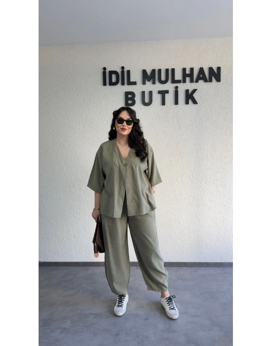 Haki Tek Düğmeli Bohem Tensel Takım