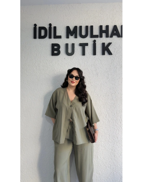 Haki Tek Düğmeli Bohem Tensel Takım