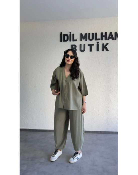 Haki Tek Düğmeli Bohem Tensel Takım