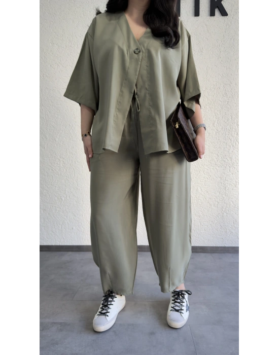 Haki Tek Düğmeli Bohem Tensel Takım