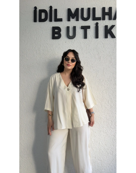 Ekru Tek Düğmeli Bohem Tensel Takım