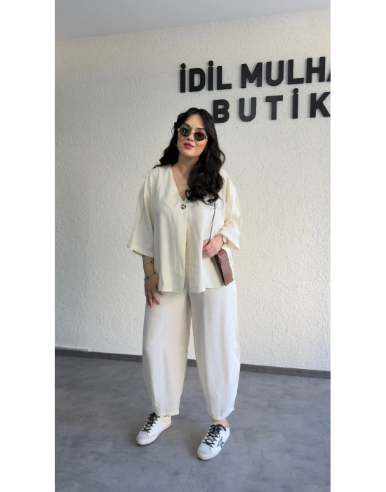 Ekru Tek Düğmeli Bohem Tensel Takım