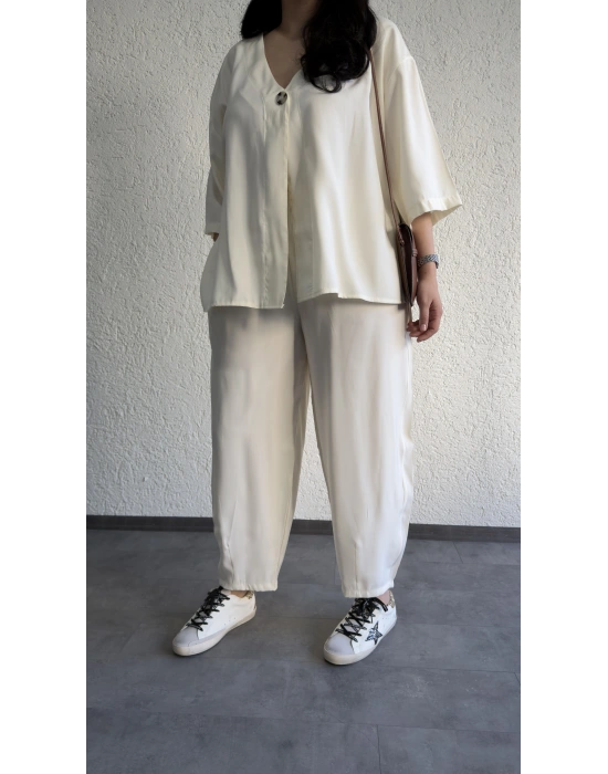 Ekru Tek Düğmeli Bohem Tensel Takım