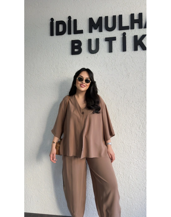 Kahverengi Tek Düğmeli Bohem Tensel Takım