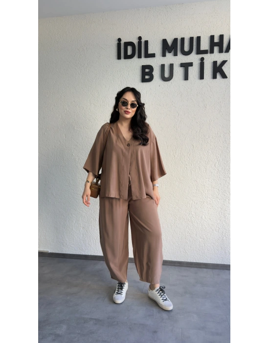 Kahverengi Tek Düğmeli Bohem Tensel Takım