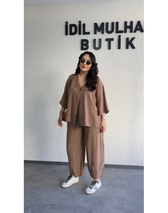 Kahverengi Tek Düğmeli Bohem Tensel Takım
