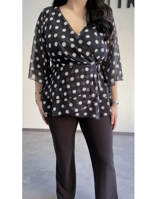 Siyah Beyaz Puantiyeli Yan Bağcıklı Kruvaze Bluz