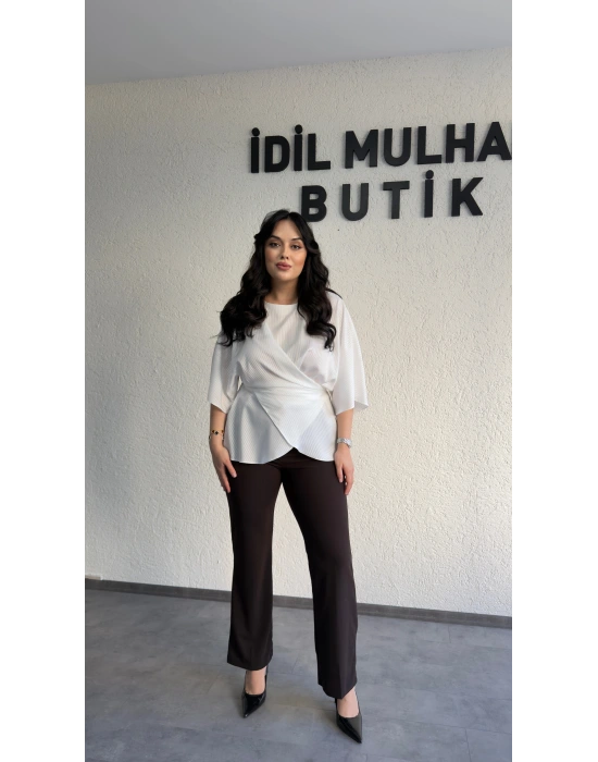 Ekru Nisbet Kumaş Bağcıklı Bluz