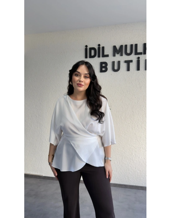 Ekru Nisbet Kumaş Bağcıklı Bluz