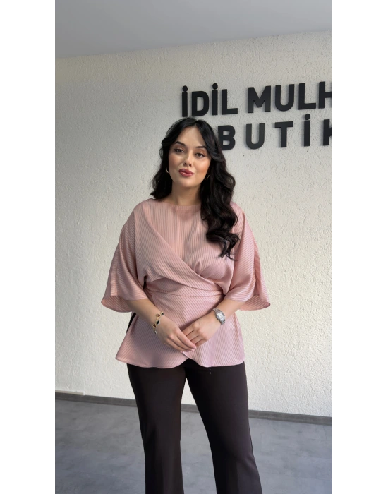 Pudra Pembe Nisbet Kumaş Bağcıklı Bluz