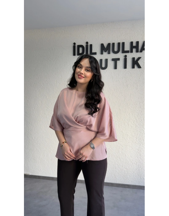 Pudra Pembe Nisbet Kumaş Bağcıklı Bluz