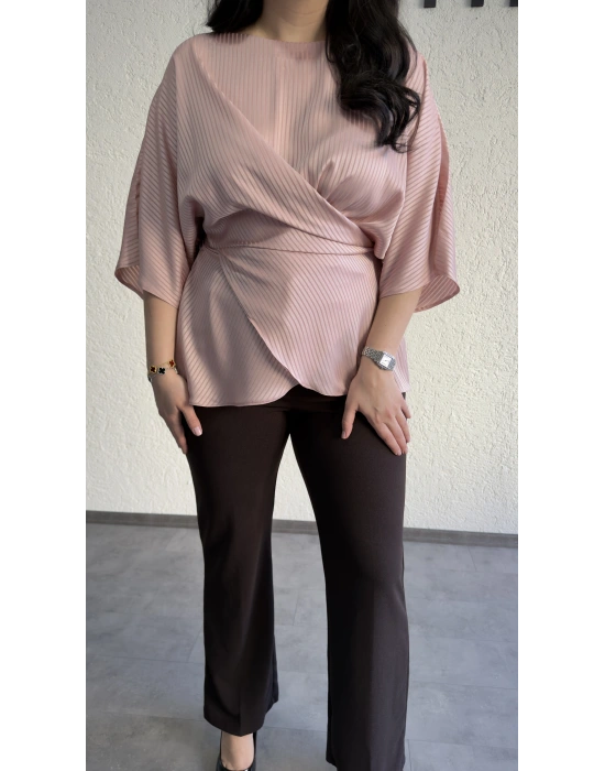 Pudra Pembe Nisbet Kumaş Bağcıklı Bluz