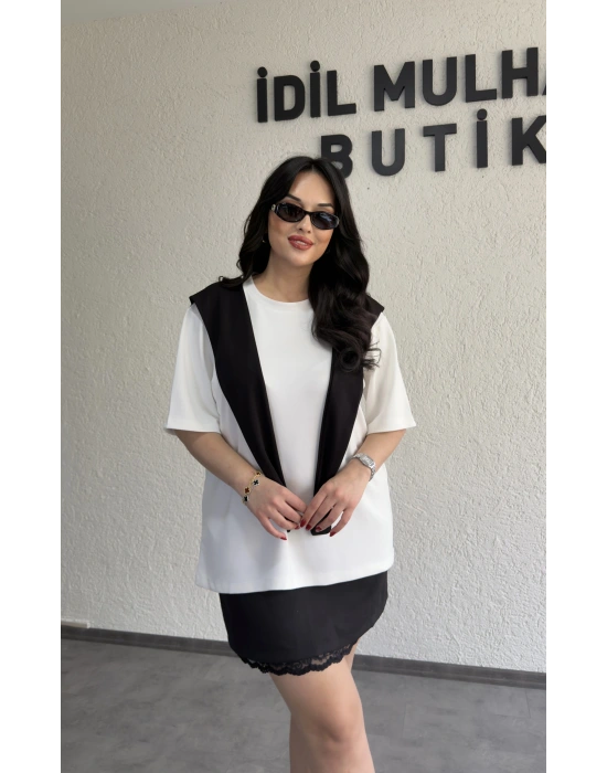 Siyah Şal Bağlama Detaylı Beyaz Oysh Tişört