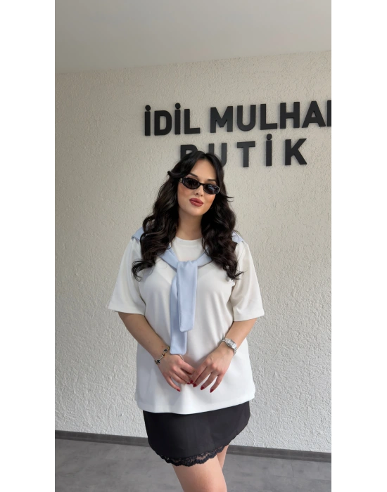 Bebe Mavi Şal Bağlama Detaylı Beyaz Oysh Tişört