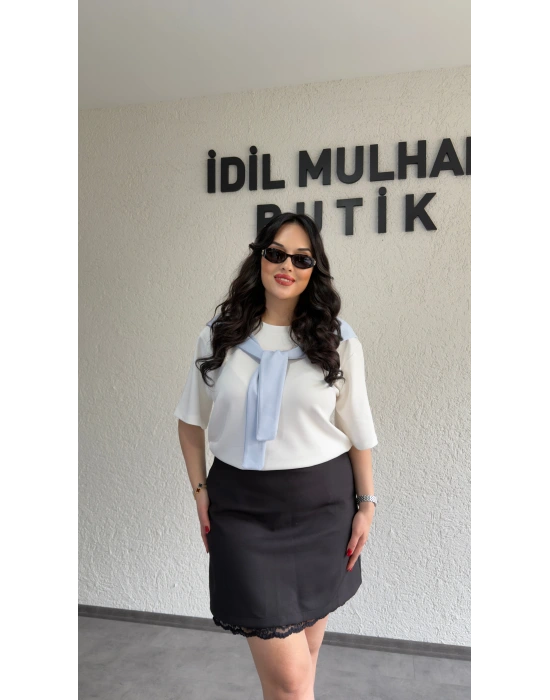Bebe Mavi Şal Bağlama Detaylı Beyaz Oysh Tişört