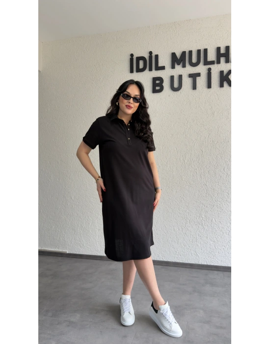 Siyah Yakası Düğme Detaylı Lacoste Elbise