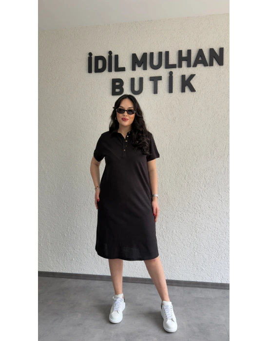 Siyah Yakası Düğme Detaylı Lacoste Elbise