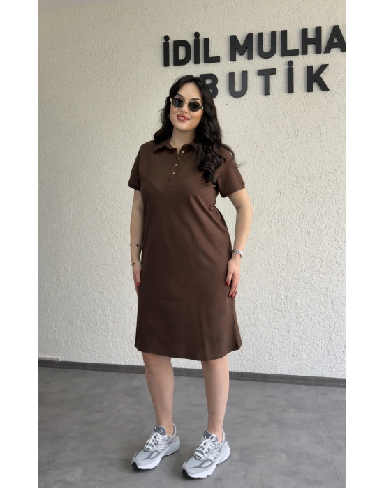 Kahverengi Yakası Düğme Detaylı Lacoste Elbise