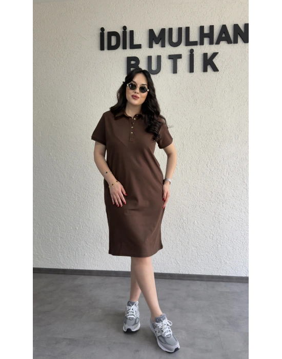 Kahverengi Yakası Düğme Detaylı Lacoste Elbise