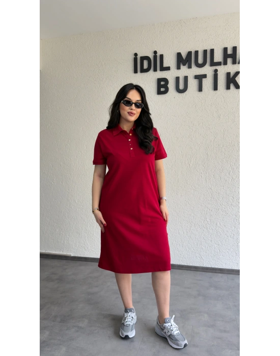 Bordo Yakası Düğme Detaylı Lacoste Elbise