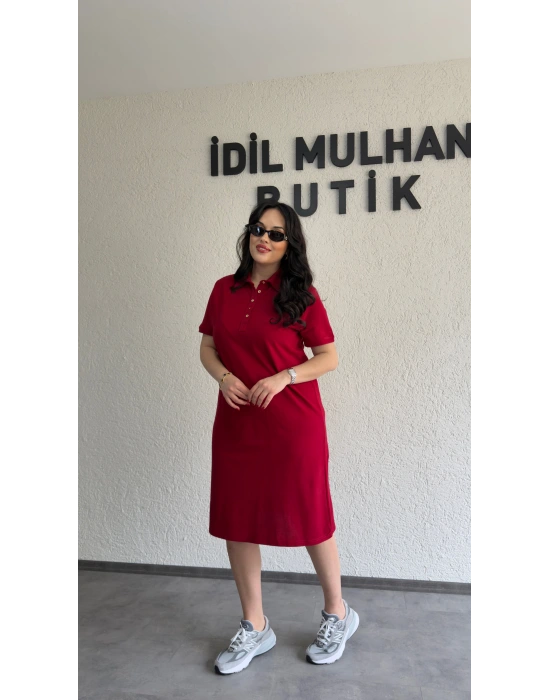 Bordo Yakası Düğme Detaylı Lacoste Elbise