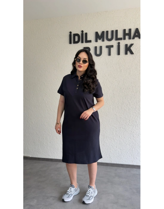 Lacivert Yakası Düğme Detaylı Lacoste Elbise