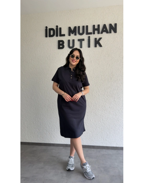 Lacivert Yakası Düğme Detaylı Lacoste Elbise