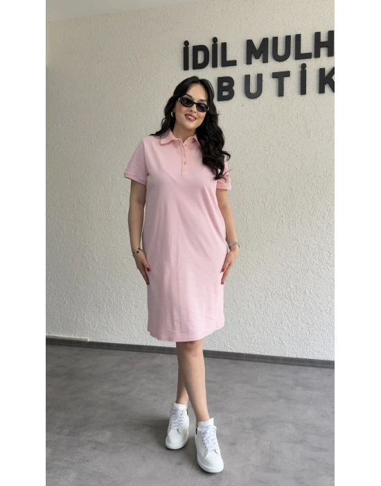 Pembe Yakası Düğme Detaylı Lacoste Elbise