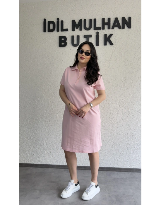 Pembe Yakası Düğme Detaylı Lacoste Elbise