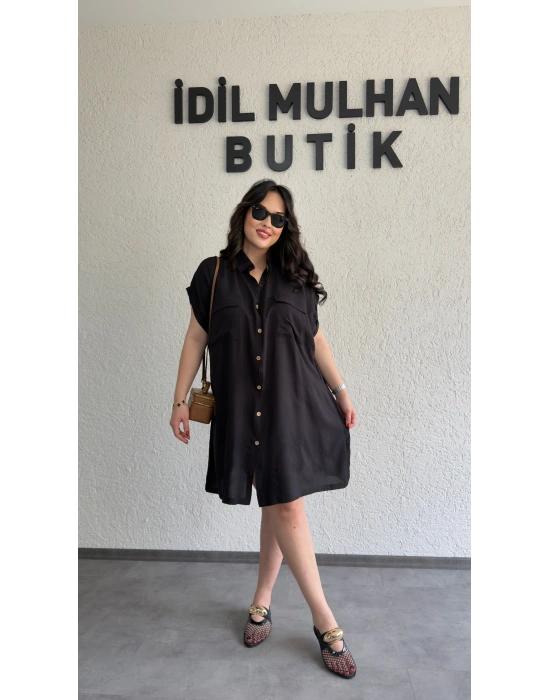 Siyah Kuşak Detaylı Gömlek Elbise