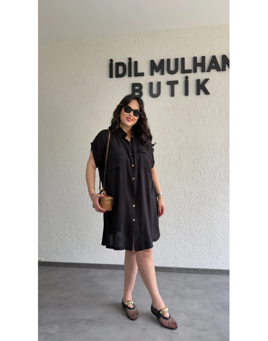 Siyah Kuşak Detaylı Gömlek Elbise