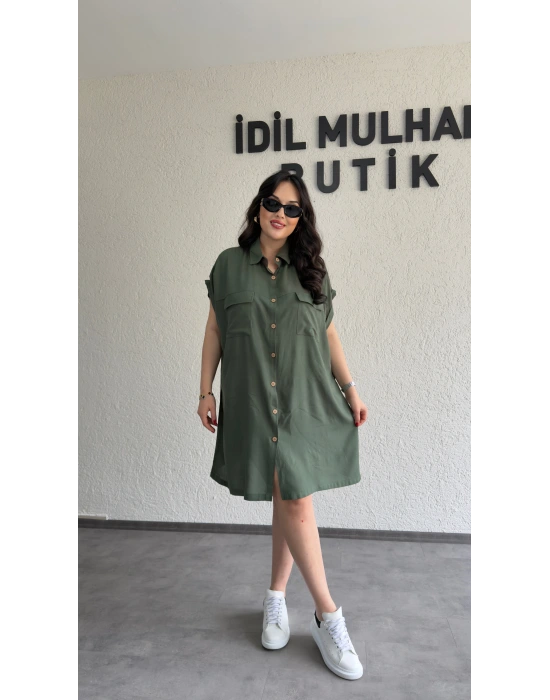 Haki Kuşak Detaylı Gömlek Elbise