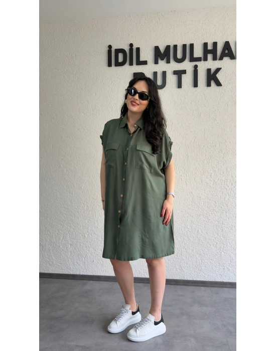 Haki Kuşak Detaylı Gömlek Elbise